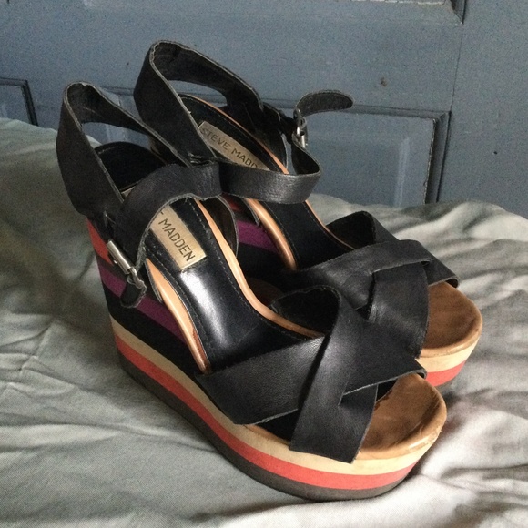 Steve Madden leather platform wedge sandals black with striped bottoms size 6m - Picture 2 of 11